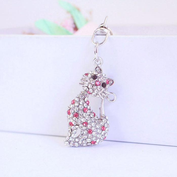 Cute Crystal Rhinestone Cat Keychain, Zinc Alloy Bag Charm and Key Ring