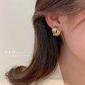 Layered Ribbed Hoop Stud Earrings in Gold and Silver Tone view 2