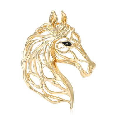 Front view of openwork horse head brooch in gold tone and silver tone