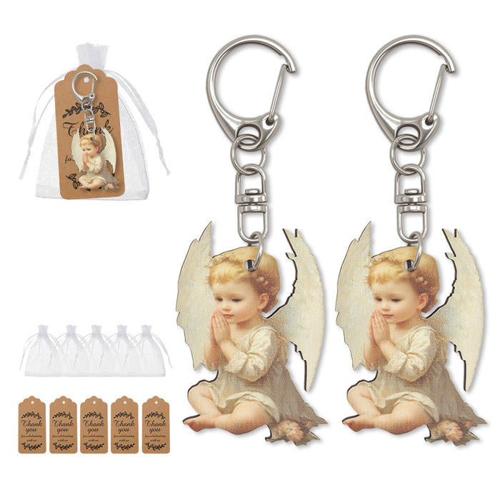 Praying Cherub Angel Printed Wood Keychain Lobster Clasp