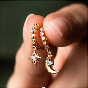 Gold Star Moon Charm Huggie Hoop Earrings Opal Tone Alloy