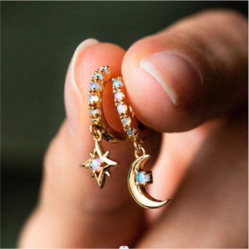 Gold Star Moon Charm Huggie Hoop Earrings Opal Tone Alloy