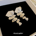 Silver Tone Layered Fan Long Drop Statement Stud Earrings view 1