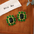 Gold Geometric Stud Earrings Red and Green Cabochon Frames view 4