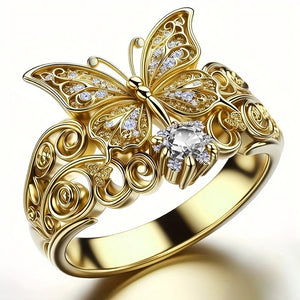 Gold Filigree Butterfly Clear Round CZ Openwork Fashion Ring