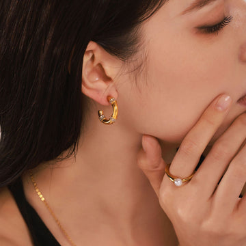 Gold Bamboo Segment C-Hoop Earrings White Zircon Pave Joints