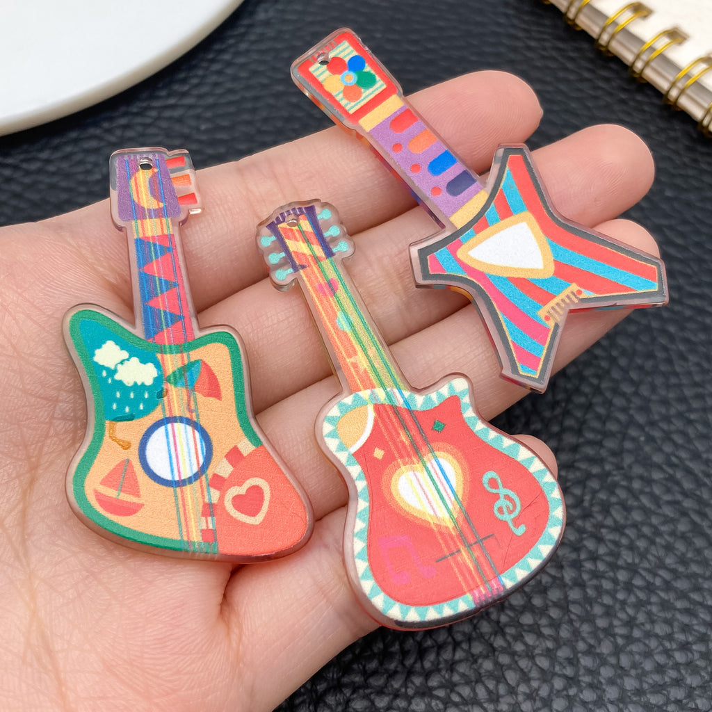 Printed Acrylic Music Guitar Pipa Guqin Double Sided Charm Pendant for Keychain Jewelry Making