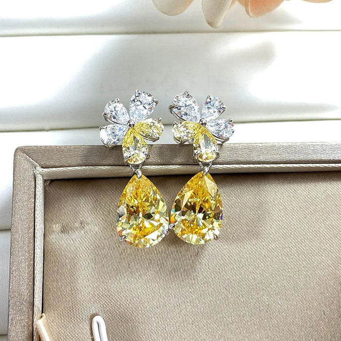 Yellow Teardrop Floral Cluster Drop Earrings With Clear Stone Accents