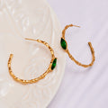 Green Glass Bamboo Texture Hoop Earrings in Gold and Silver Tone view 3