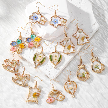 Gold Resin Dried Flower Drop Earrings Mixed Shapes 9 Styles