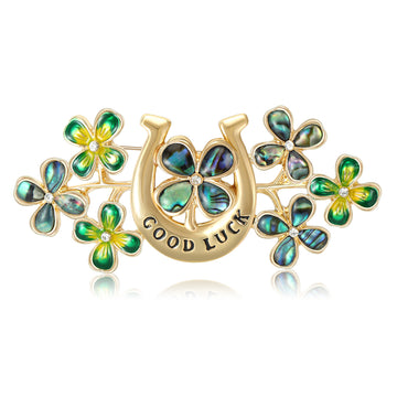 Horseshoe And Clover Brooch Decorative Lapel Pin For Jackets And Scarves