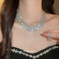 Wide Rhinestone Choker Necklace Earring Bracelet Set Pieces view 2