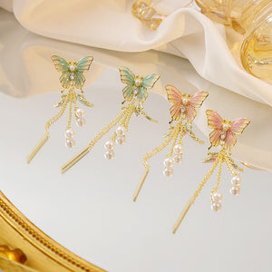 Asymmetric Butterfly Chain Earrings with Faux Pearl Drops, Gold-Tone Alloy
