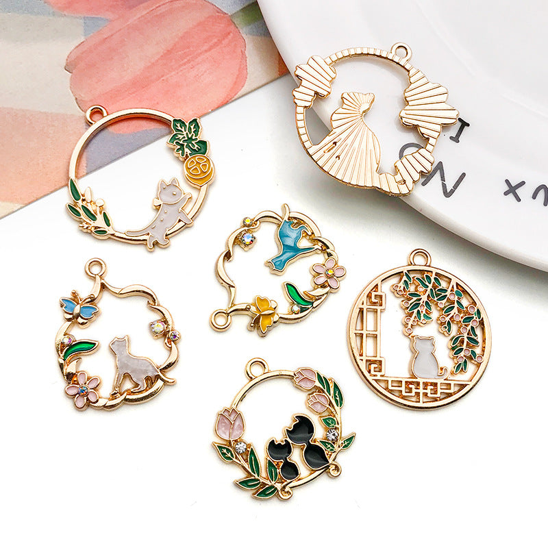 Enamel Zinc Alloy Chinese Style Hollow Cat Charm Pendant for DIY Earrings Tassel Jewelry
