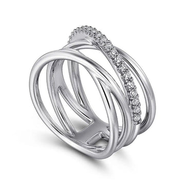 Silver Tone Multi Band Crisscross Clear Pavé Ring Sizes 6-10