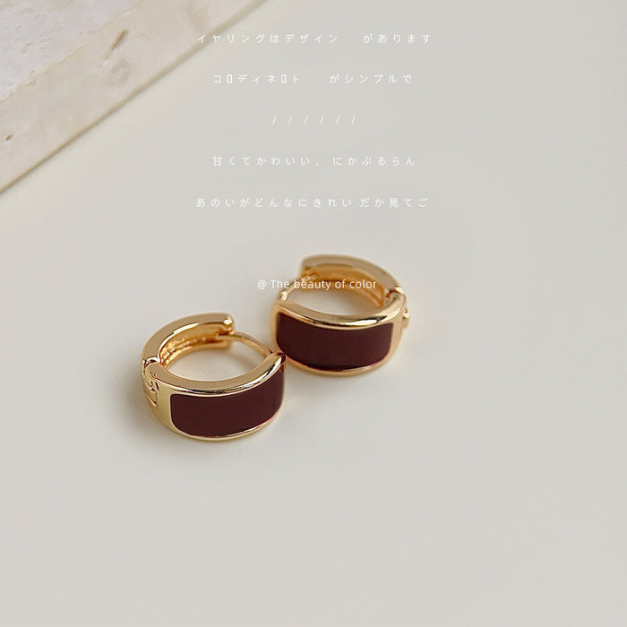 Gold-Tone Burgundy Enamel Geometric Huggie Hoop Earrings