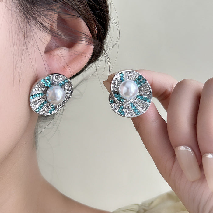Blue Mosaic Round Pearl Look Statement Stud Earrings