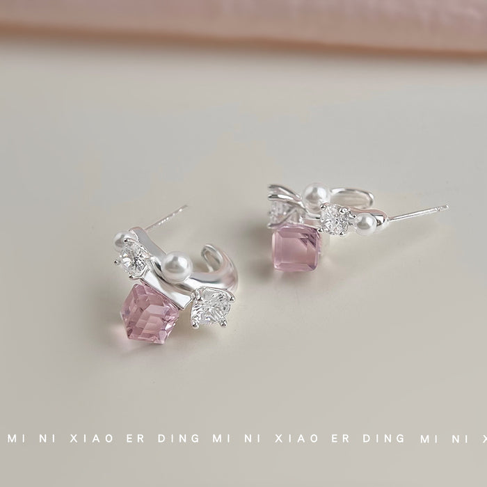 Silver Tone Pink Square Stone White Pearl And Clear Cluster Stud Earrings