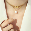 Letter M Mesh Choker Bracelet Gold Pearl Drop Style view 6