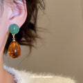 Green and Amber Asymmetric Resin Teardrop Earrings view 3