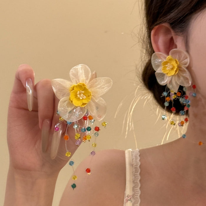 Oversized Clear Flower Earrings With Multicolor Bead Tassels
