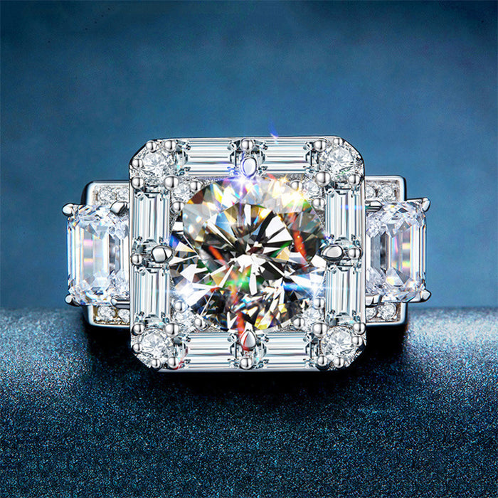 Round Solitaire Baguette Frame Wide Statement Ring In Silver Tone