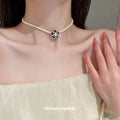 Pearl Strand Camellia Flower Pendant Necklace White Gold Tone view 4