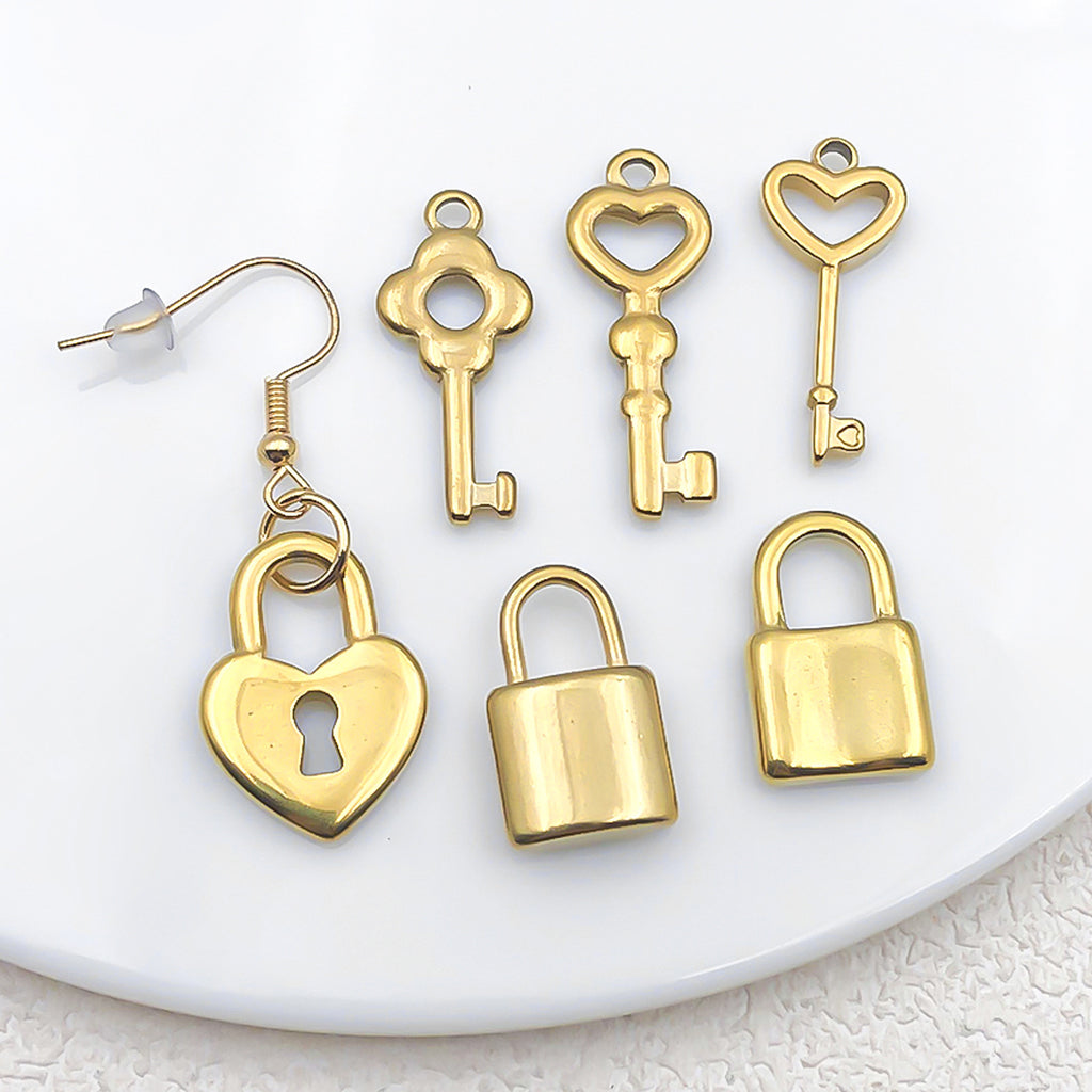 Stainless Steel Hollow Heart Key Padlock Charm Pendant for DIY Couple Necklace Jewelry
