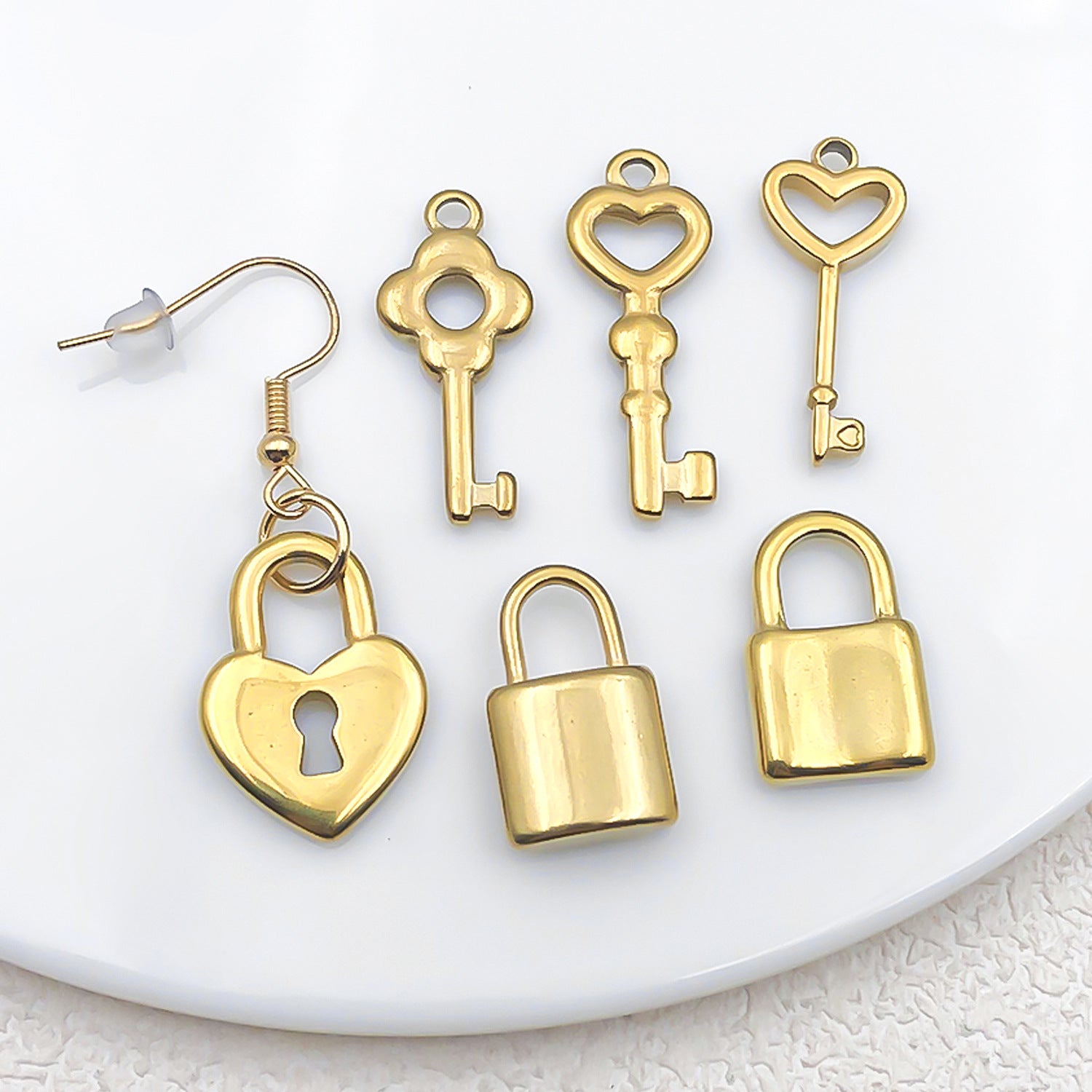Stainless Steel Hollow Heart Key Padlock Charm Pendant for DIY Couple Necklace Jewelry