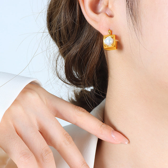 Square Hoop Earrings With White Pearl Gold Or Steel
