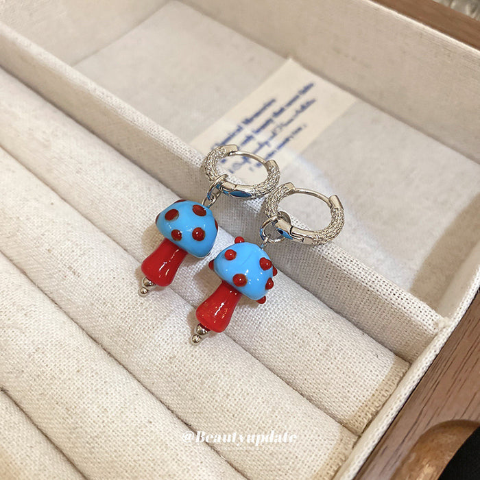 Blue And Red Mushroom Huggie Earrings With Decorative Details