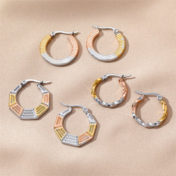 Tri Color Stainless Steel Textured Hoop Earrings in Three Designs