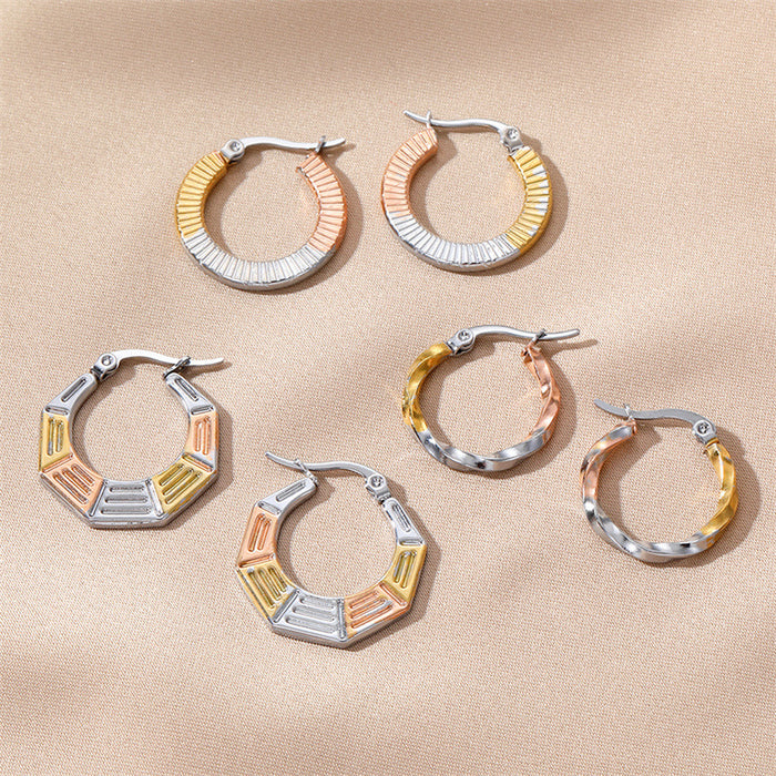 Tri Color Stainless Steel Textured Hoop Earrings in Three Designs