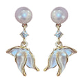 Gold Tone Pearl and Iridescent Flower Drop Earrings view 5