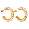 Steel C Hoop Earrings White Pearls Textured Metal Band view 5