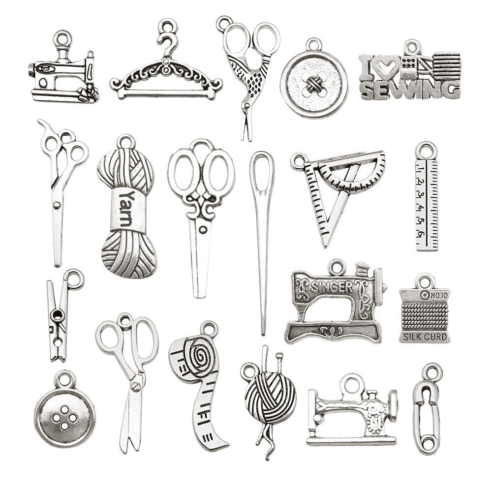 Antique Silver Zinc Alloy Sewing Machine Scissors Button Needle Charm Pendant for DIY Jewelry