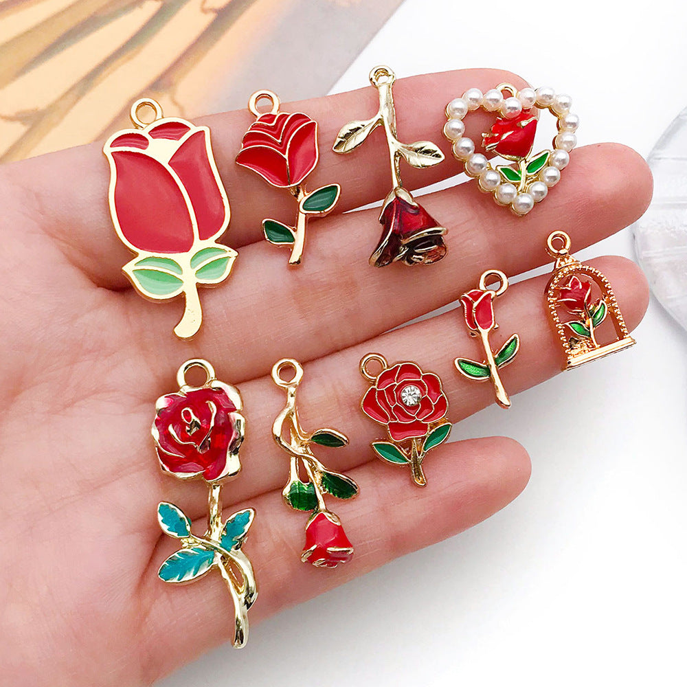 K Gold Tone Enamel Zinc Alloy Rose Flower Charm Pendant for DIY Bracelet Keychain