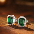 Green Emerald-Cut Solitaire Halo Stud Earrings In Silver Tone view 2