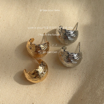 Gold Brush Texture C-Shape Half Hoop Stud Earrings