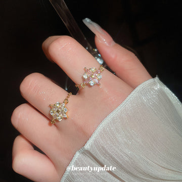 Gold Adjustable Chain Ring Pink Flower Crystal Cluster