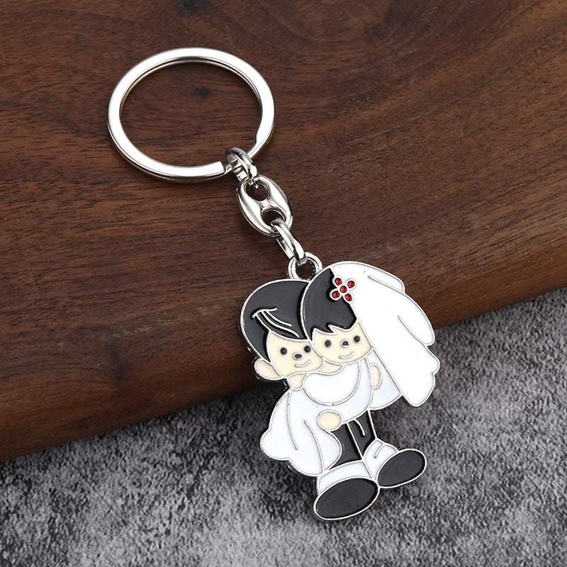 Bride and Groom Enamel Keychain, Cute Couple Metal Bag Charm