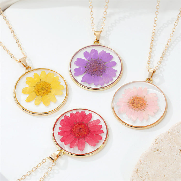 Gold Tone Round Clear Resin Dried Flower Pendant Necklaces in Four Colors