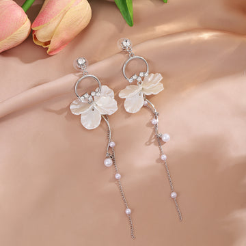 White Petal Flower Pearl Look Silver Chain Dangle Earrings