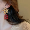 Gold Tone Floral Red Double Happiness Drop Earrings view 3