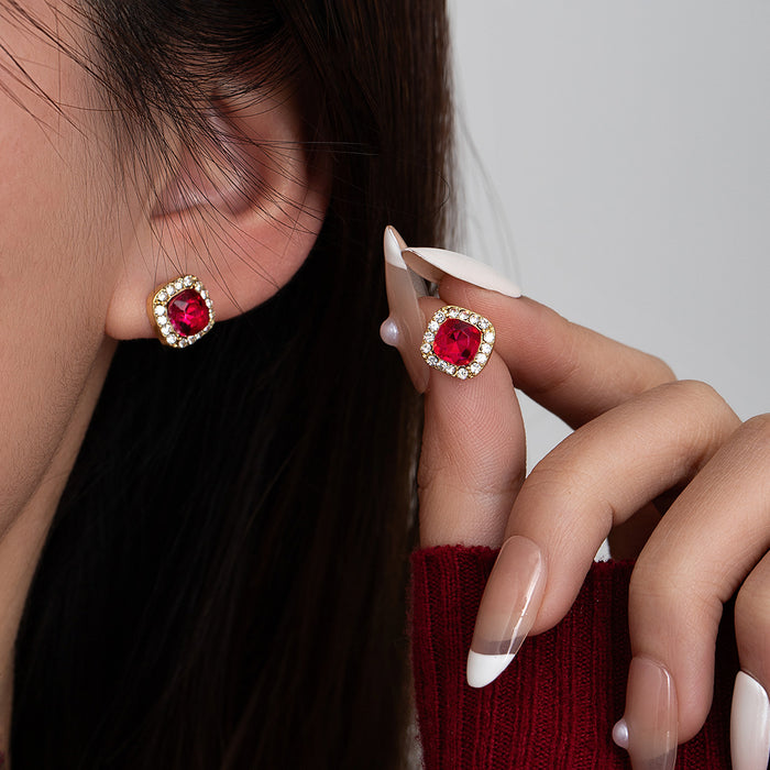 Fuchsia Square Crystal Look Border Small Stud Earrings