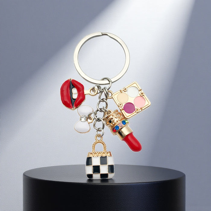 Black White Handbag Lipstick Compact and Lips Keychain