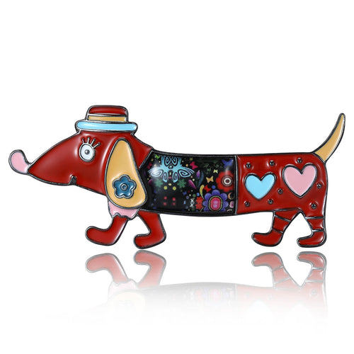 Patterned Dachshund Enamel brooch In Red And Blue Decorative Lapel Pin shown in styled product arrangement