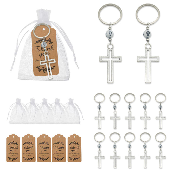 Silver Openwork Cross Bead Key Ring Religious Charm