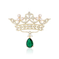 Crystal Crown Brooch with Pearls and Green Teardrop view 1
