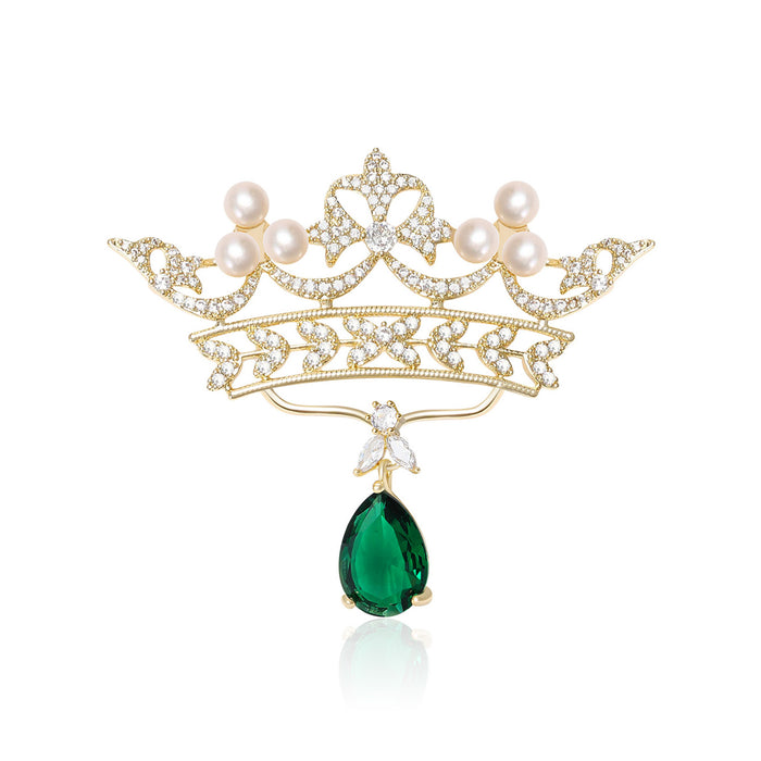 Crystal Crown Brooch with Pearls and Green Teardrop